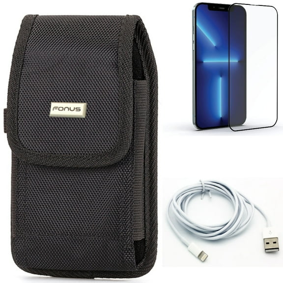 6ft USB Cable & Screen Protector & Case Belt Clip for iPhone 13 Pro Max ONLY - Charger Cord Power Wire   Anti-Glare Tempered Glass Matte   Rugged Holster Canvas Combo