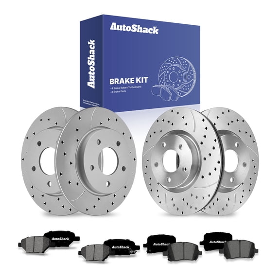 AutoShack Front & Rear Brake Rotors & Ceramic Pads for Chevrolet, Malibu 2004-2012, FWD L4 2.2L 2.4L V6 3.5L 3.6L 3.9L - Coated Drilled & Slotted - Silver Matte Finish - TurboGuard