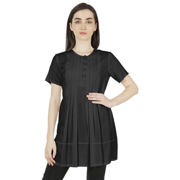 Moomaya Solid Half Button placket Tunic For Womens Casual Round Neck Basic Pleated Long Top