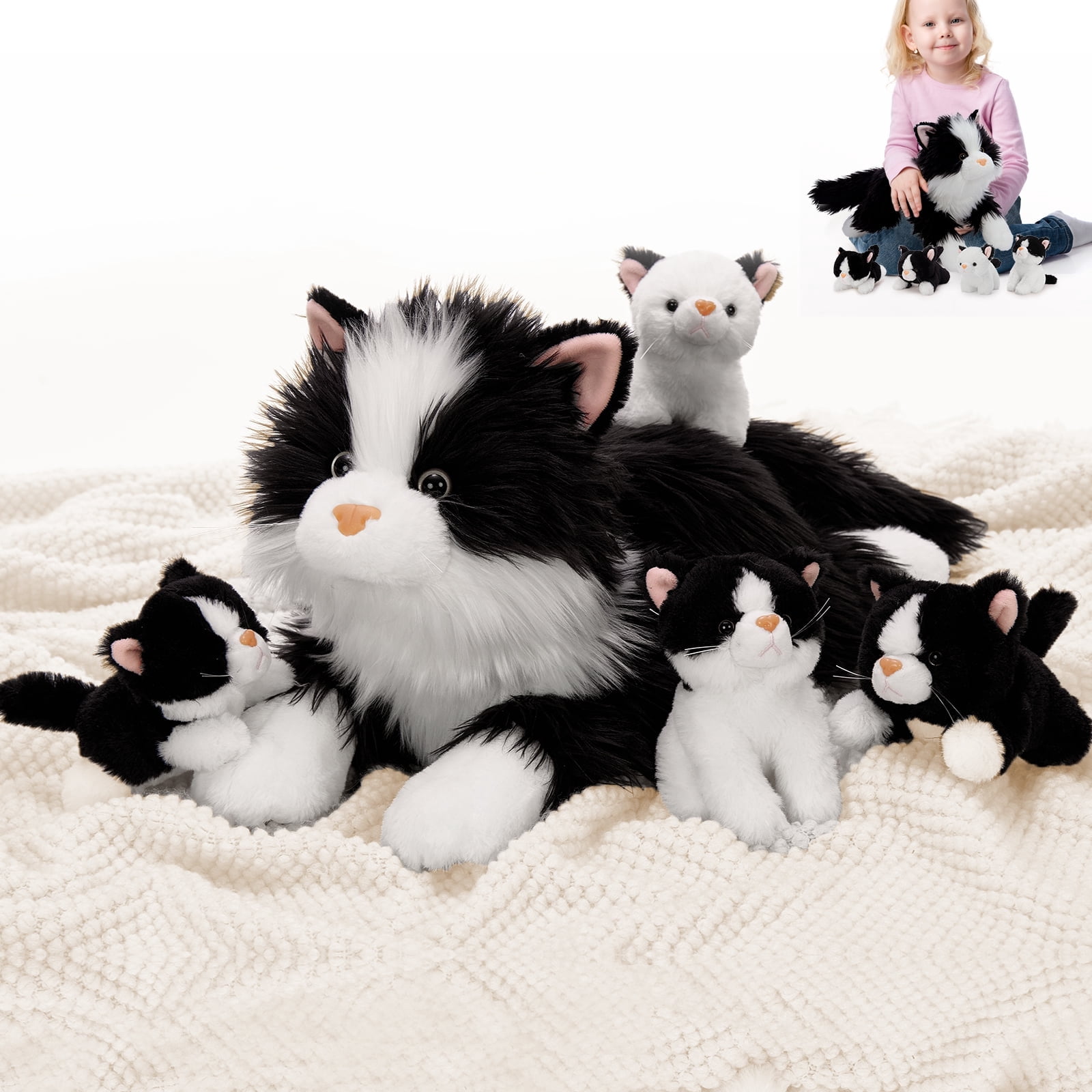 MorisMos 20" Cat Stuffed Animal, Realistic Stuffed Cat with 4 Kittens Baby Plush Toys