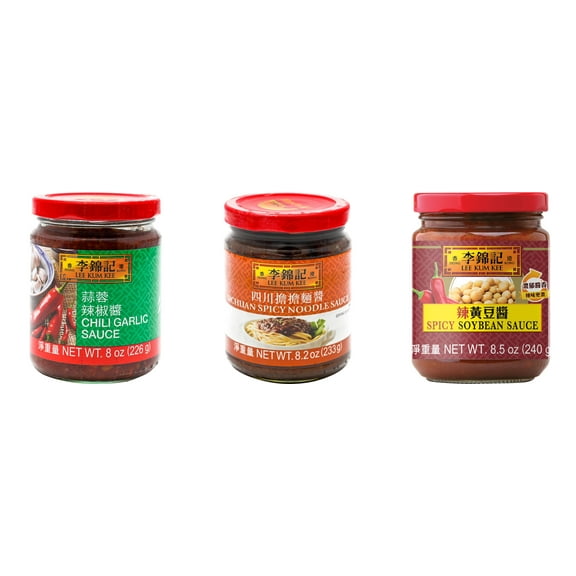 3 Pack Lee Kum Kee Cooking Sauce, 3 Flavors(Chili Garlic Sauce,Sichuan Spicy Noodle Sauce,Spicy Soybean Sauce) Plus NineChef Brand Long Handle Coffee Spoon