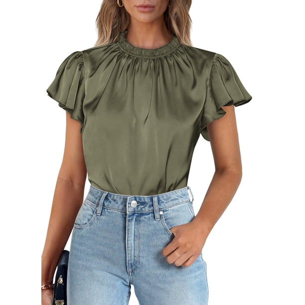 Blusa PRETTYGARDEN de Satén con Mangas con Volantes Verde Militar Talle Grande