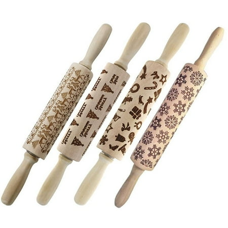 

Wooden 3D Rolling Pins with Engraved Christmas Themed Symbols 17Inch