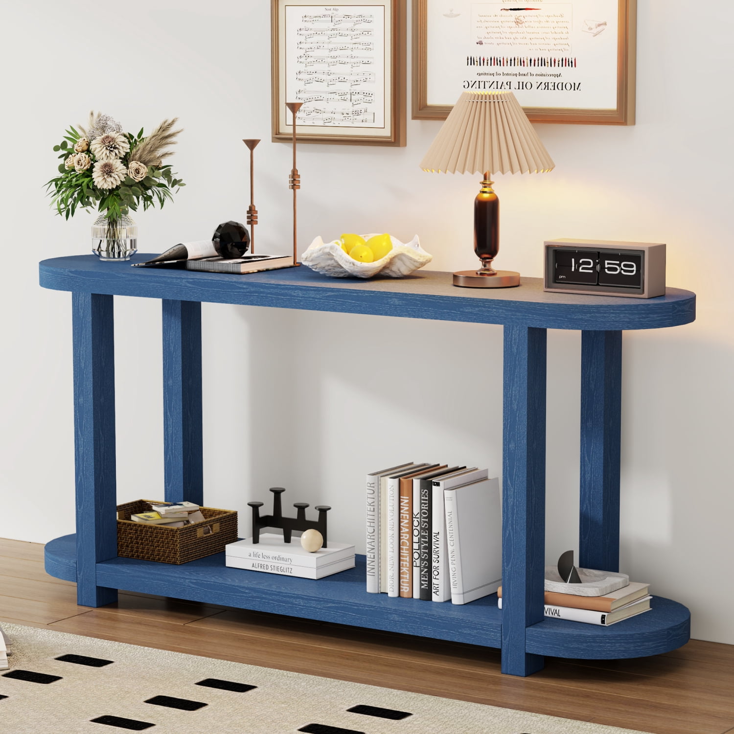 Modern Minimalist Ash Veneer Entryway Table with Craftsmanship Design Navy Blue, Ideal for Study Rooms, Entryways and Foyers