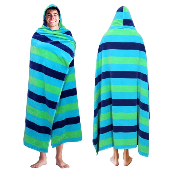 COTTON CRAFT Hooded Beach Towel – Oversized 58 x 68 Big & Huge Towel with Hood for Adults - 100% Cotton Velour Pool Bath Wrap - Super Soft Plush Absorbent Quick Dry – 450 GSM– Cabana Stripe Blue Gree