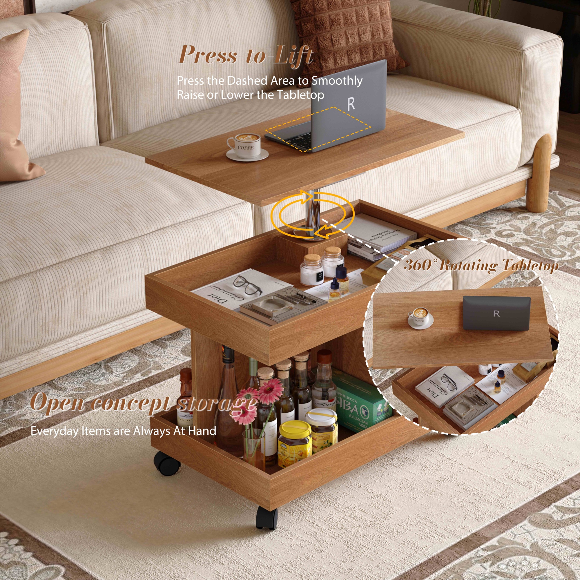 HOQBN Small Coffee Table with Wheels,360° Rotating Desktop Multi-Functional Side Table, Rolling End Table with Storage Compartment, Mobile Bedside Table for Living Room Bedroom,Natural