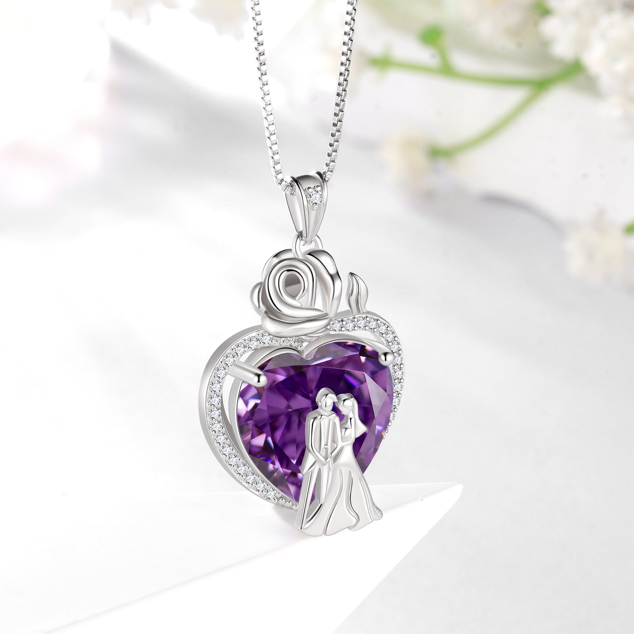 Juwaliy Couple Necklace for Women 925 Sterling Silver Heart February Birthstone Rose Flower Pendant Wedding Engagement Jewelry Valentines Day Gift for Her Wife/Girlfriend
