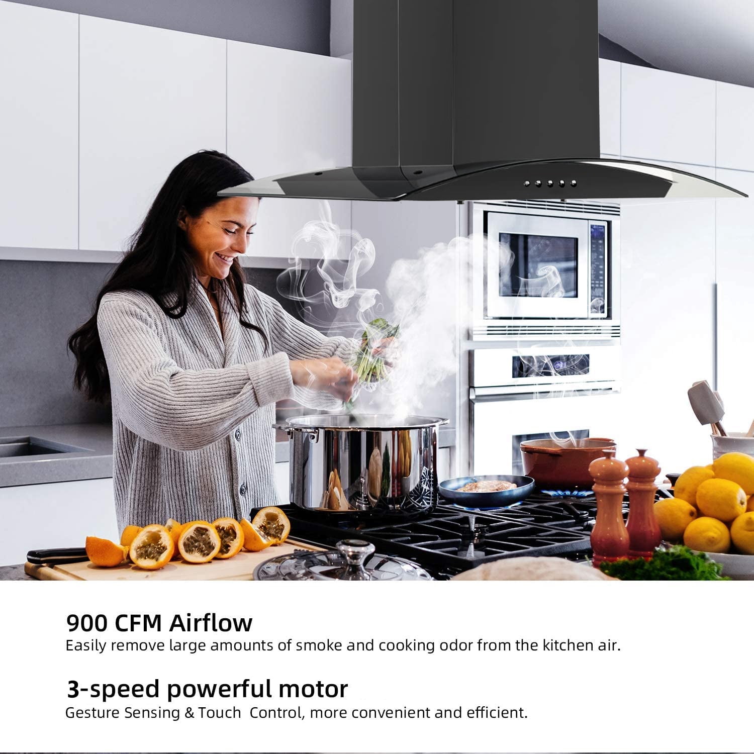 Island Range Hood 30-inch Kitchen 3-Speed Extractor Fan Vent Hood Airflow 900CFM