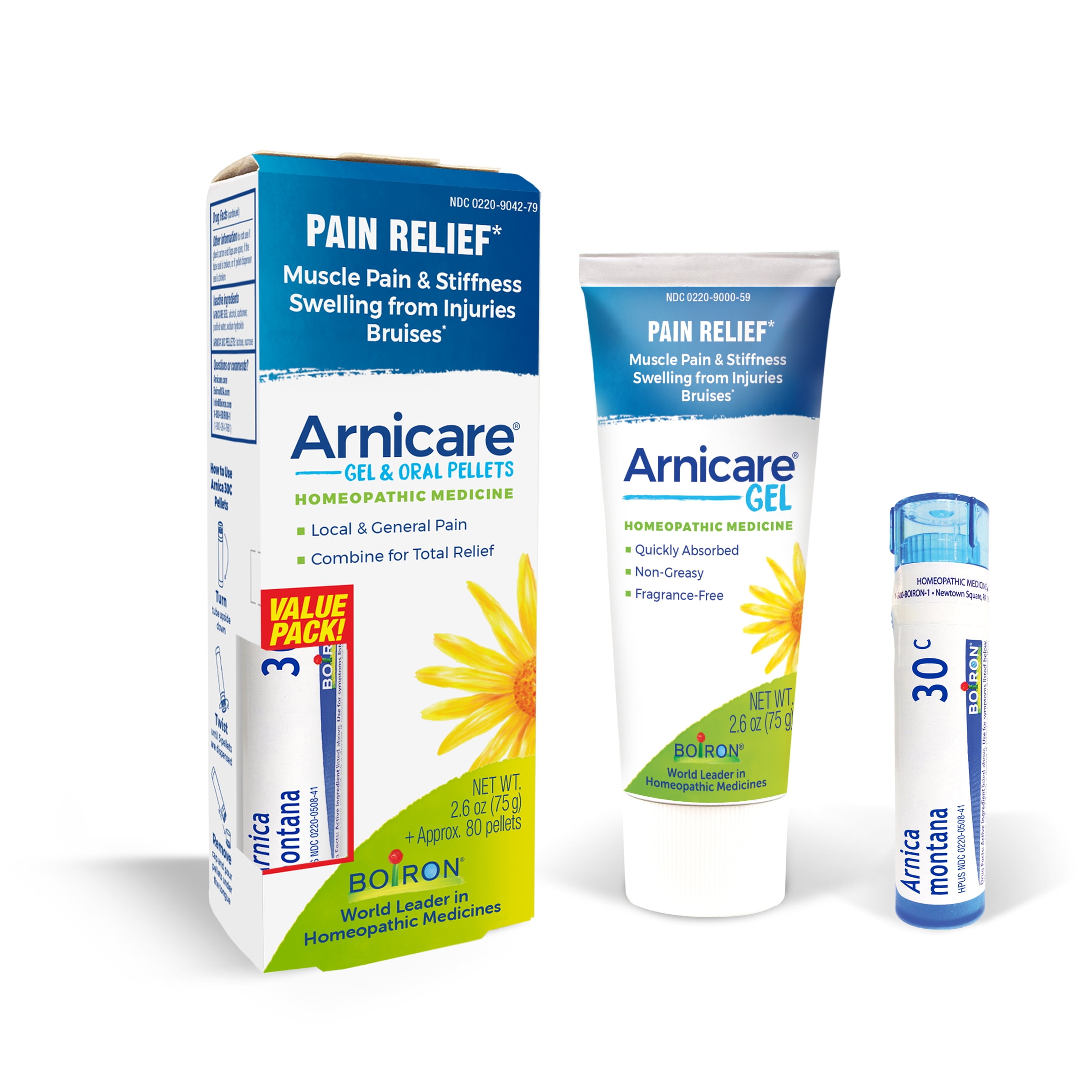 Boiron Arnicare Gel and Arnica Montana 30C, Homeopathic Medicine for Pain Relief, Muscle Pain & Stiffness, Swelling from Injuries, Bruises, 2.6 oz Gel and 80 Pellets Value Pack