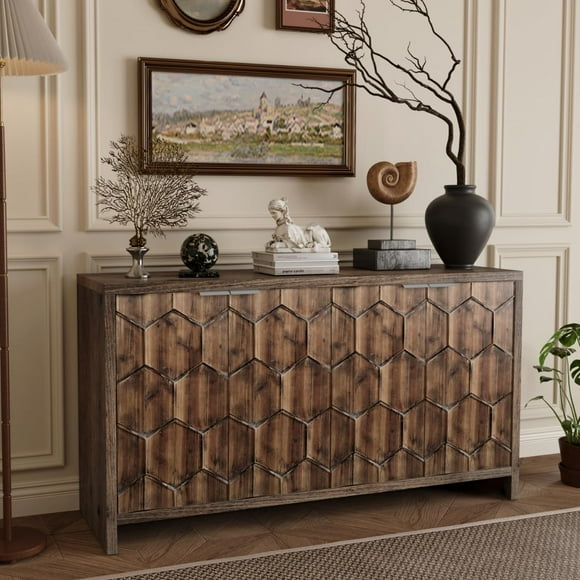 Accent Cabinet Farmhouse Style 4 Door Wooden Cabinet Sideboard Buffet Server Cabinet Storage Cabinet, for Living Room, Entryway, Hallway, Office, Kitchen & Dining Room, Antique Natural Wood, Cabinets
