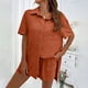 thumbnail image 4 of Conjunto de 2 piezas para mujer con camisa con solapa y pantalones cortos: color liso, traje informal de verano, poliéster, corte ajustado, tallas S-XL, ropa para vacaciones/fiestas, 4 of 8