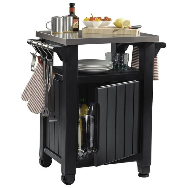 Keter Unity Portable Outdoor Table and Storage Cabinet with Hooks for Grill Accessories Stainless Steel Top for Patio Kitchen Island or Bar Cart Dark Grey Walmart