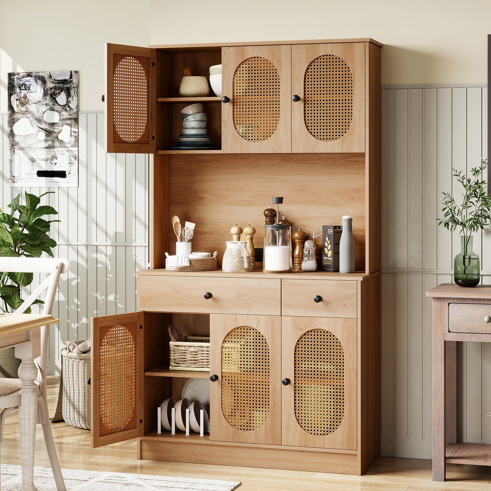 Gymax Kitchen Pantry Cabinet w/ Charging Station 71'' Tall Kitchen Buffet Cabinet
