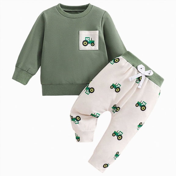 TOWED22 Baby Toddler Boy Fall Winter Outfit Cartoon Embroidery Tops and Plaid Pants Set 2pcs Toddler Boy Spring Fall Winter Clothes Outfits Clothing(Green,12-18 M)