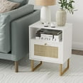 thumbnail image 2 of Rattan Nightstand, Modern Boho Farmhouse Wood Bedside Table with Storage Drawer and Open Shelf, Small Gold Frame Side End Table for Bedroom, Living Room, Office(White), 2 of 7