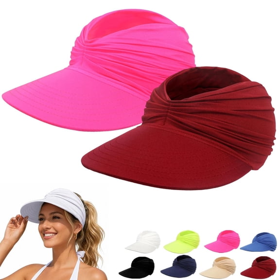 WCJM Women's UPF 50 Summer Visor Hat 2 Pack Wide Brim Lightweight Foldable Ponytail Friendly Cap for Beach Travel Walking