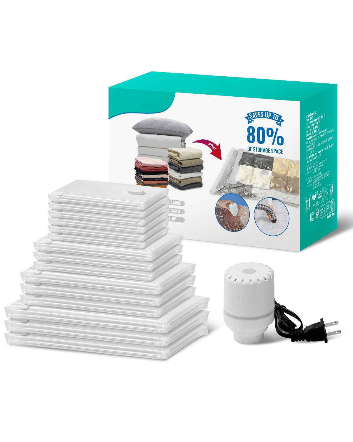 Vacuum Storage Bags 15-Pack 5 Sizes with Electric Pump Double-Sealed Zipper Leak-Proof One-Way Valve Space Saver for Travel Moving