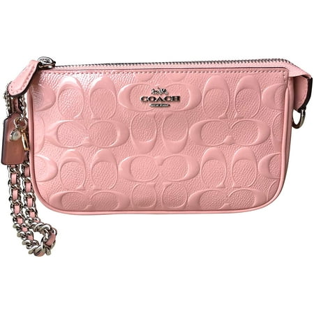 Coach Women's Large Wristlet Clutch Bag w/ Chain in Signature Debossed Patent Leather - Petal