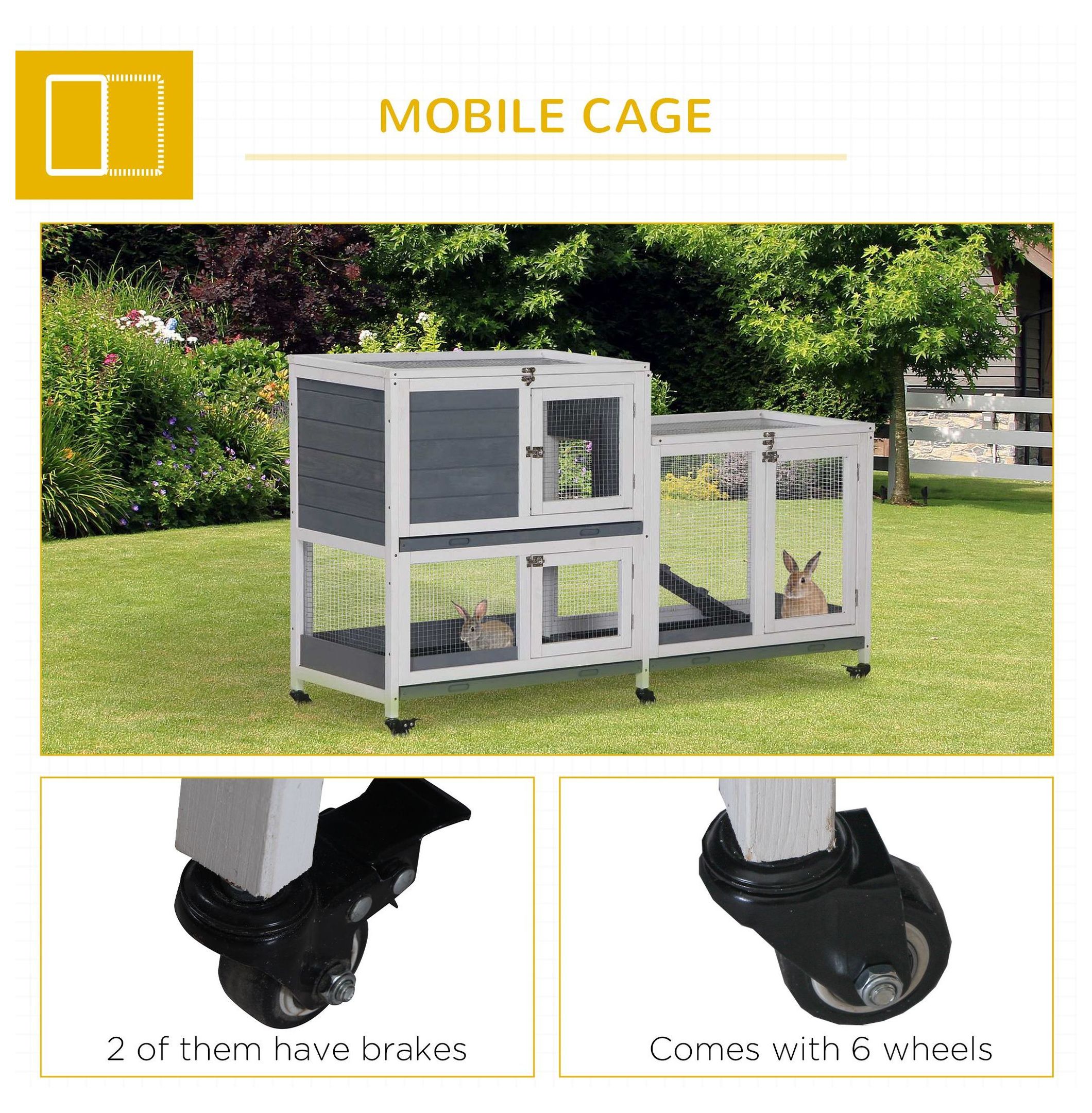 Indoor Rabbit Hutch, Wooden Bunny Cage, 2-Story Pet House with Lockable Doors & Ramp, Elevated Design, Easy Clean Tray, Gray