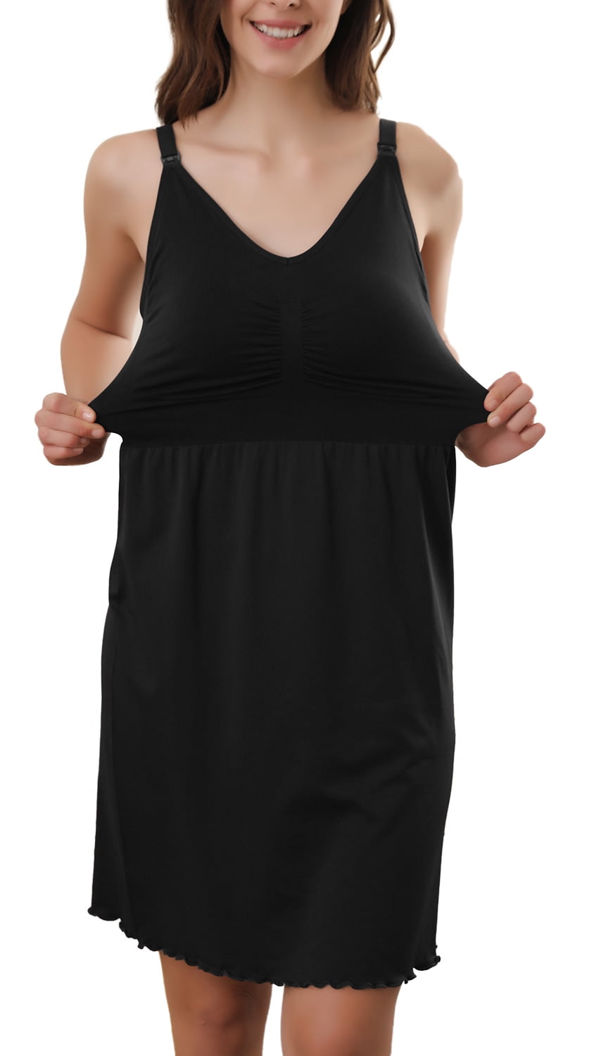 iLoveSIA 2Pack Womens Maternity Nursing Dress Built in Bra Nightdress for Breatfeeding Black+Deep Blue Size L 
