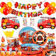 Fire Truck Birthday Party Supplies,155pcs Fire Truck Birthday Party Decorations for Boys-Firetruck Birthday Decorations Balloons Plates Napkins Tablecloth etc Fire Truck Themed Birthday Party Supply