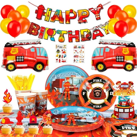 Fire Truck Birthday Party Supplies,155pcs Fire Truck Birthday Party Decorations for Boys-Firetruck Birthday Decorations Balloons Plates Napkins Tablecloth etc Fire Truck Themed Birthday Party Supply
