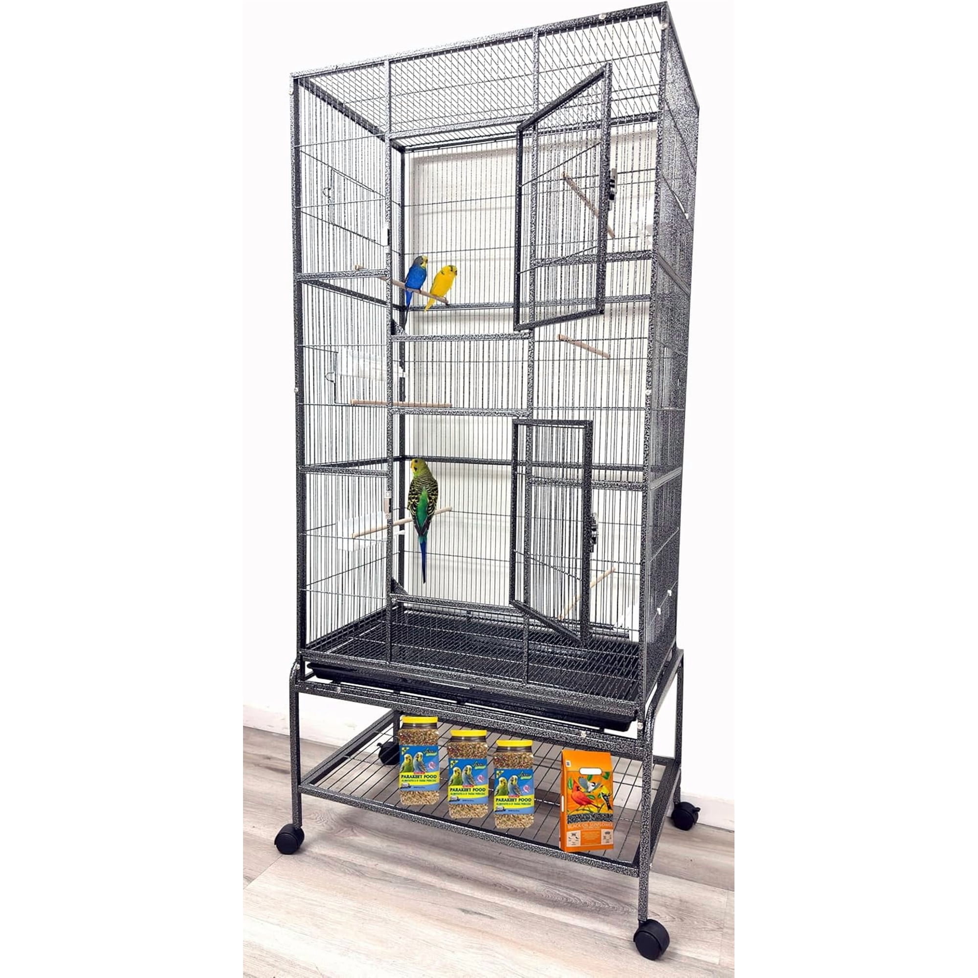 Extra Large 32" x 19" x 67.5"H Wrought Iron Tight Bar Spacing Breeding Flight Canary Parakeet Cockatiel Lovebird Finch Breeder Cage Side Doors Double Feeder Cup with Detachable Rolling Stand