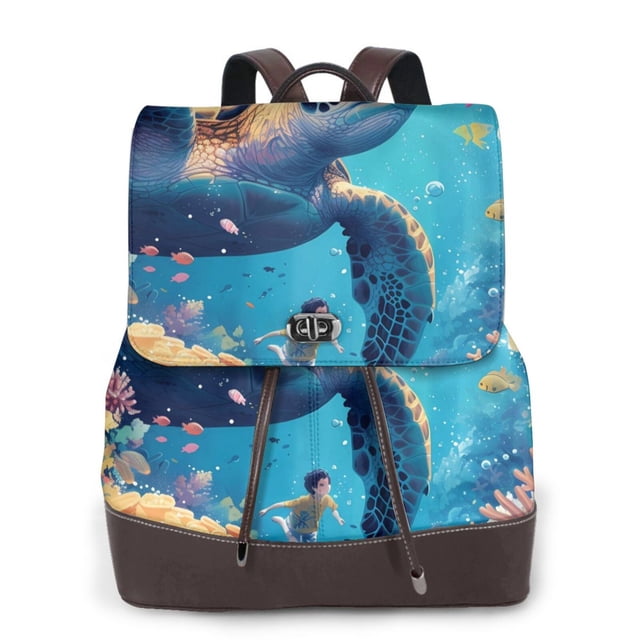 Disketp Colorful Underwater Plant Turtle Mochila de Cuero para Mujer, Bolso de Espalda Antirrobo con Estilo para Viaje, Trabajo y Uso Diario