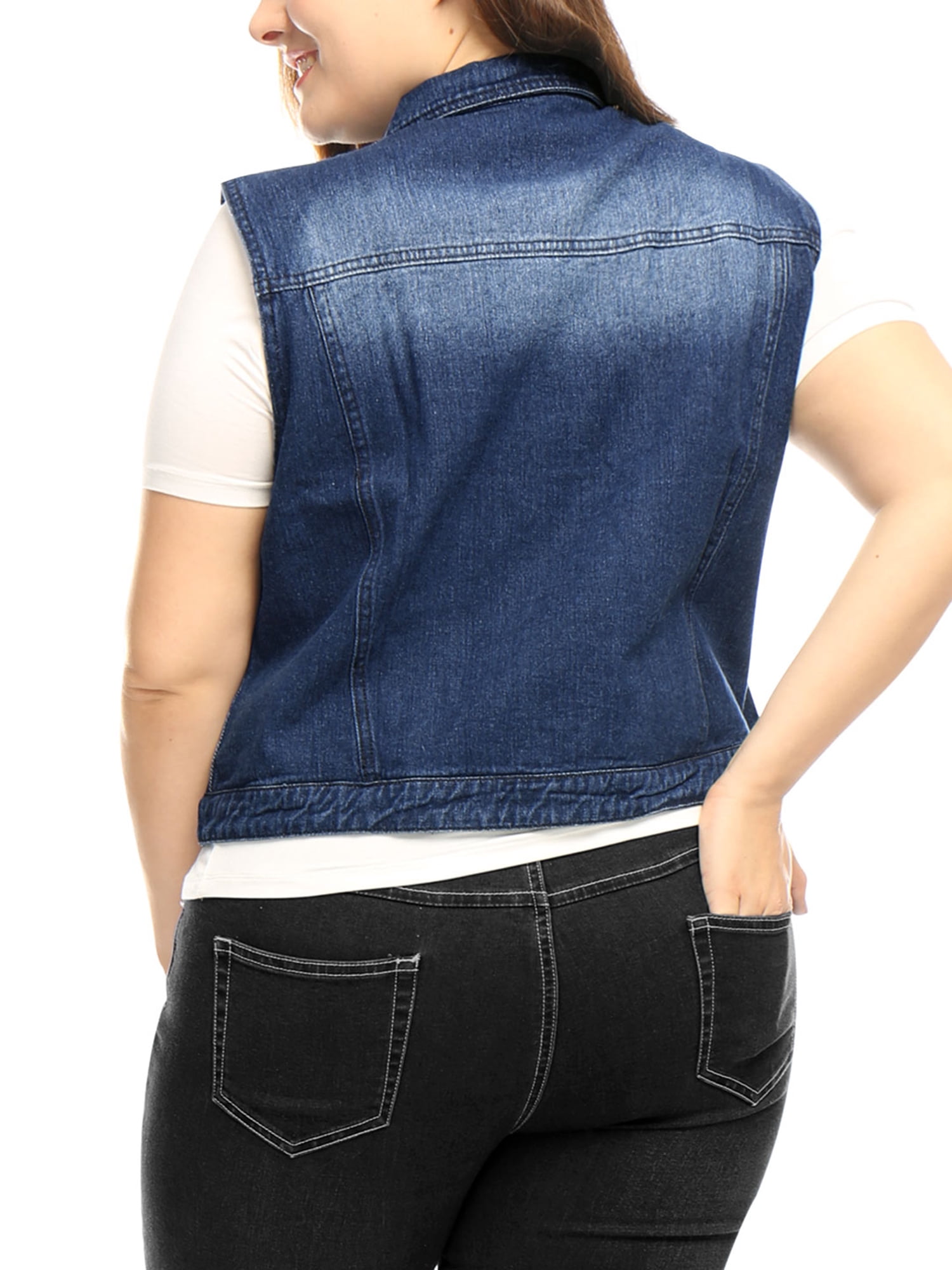 Unique Bargains Women's Plus Size Chest Pockets Single Breasted Denim Sleeveless Jacket
