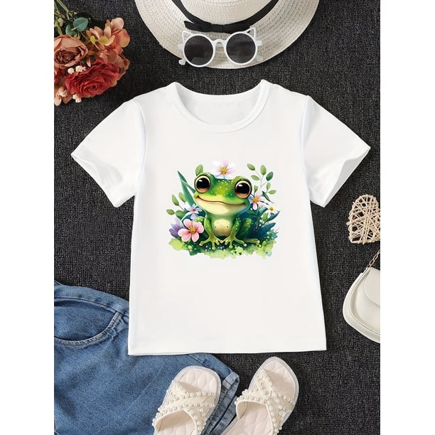 Camiseta de punto con estampado de rana de verano para niña: cuello redondo, manga corta, tejido elástico, lavable a máquina.