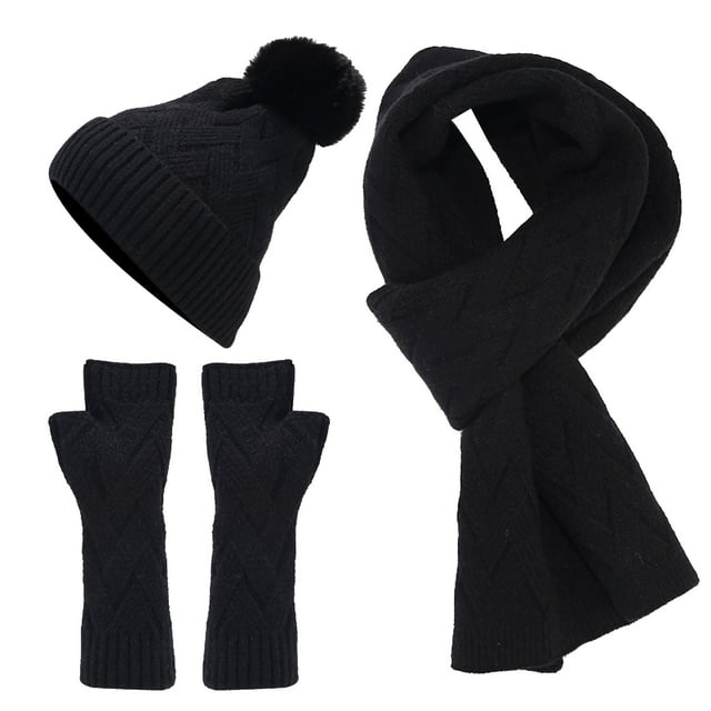 MIASHUI Unisex Autumn Winter Outdoor Cold Protection Warm Hat, Gloves, and Scarf Three-Piece Set, Solid Color Knit Scarf Set Black