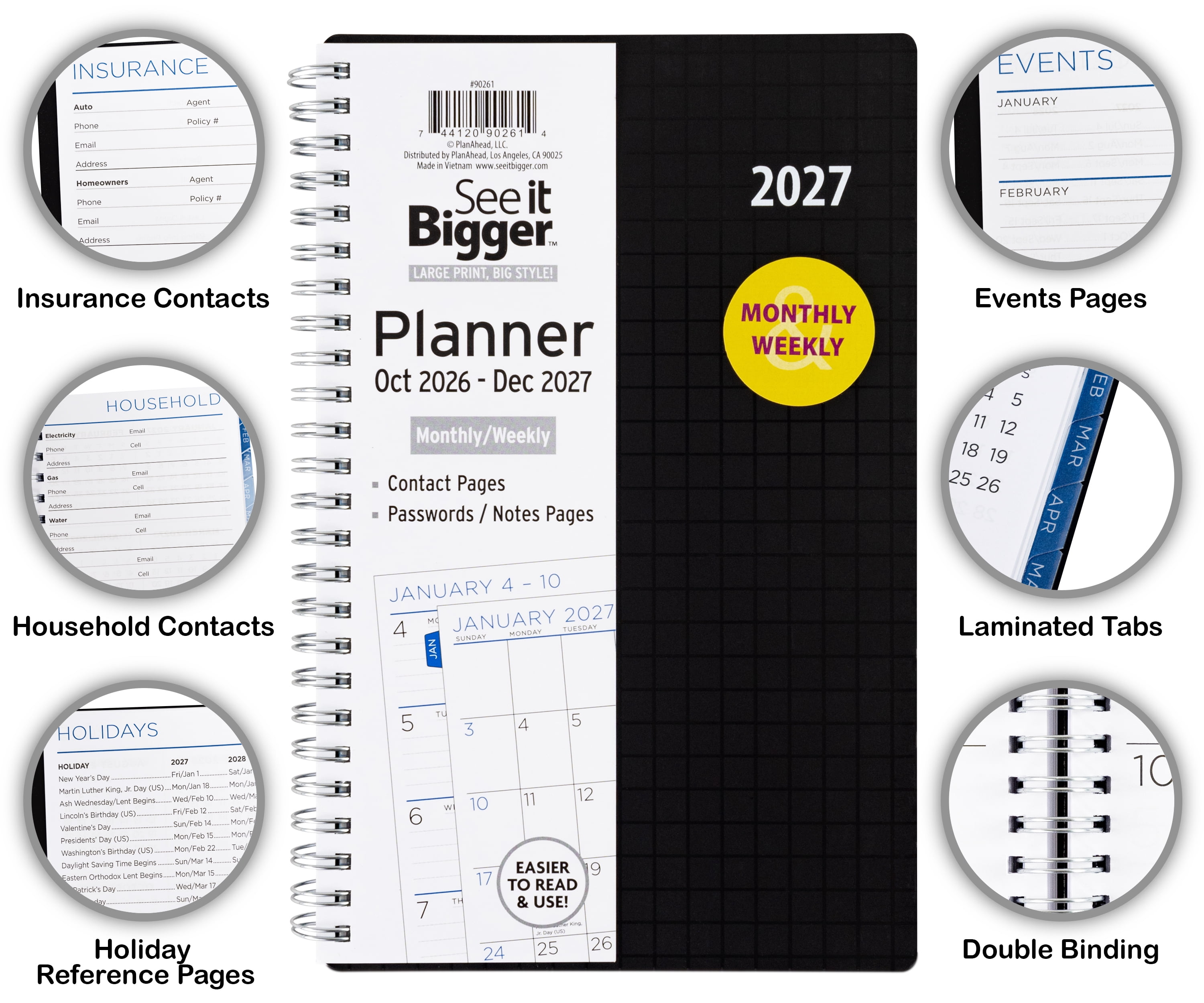 See It Bigger Monthly Weekly Planner (5.5" x 8.75") Black, 15-Month: October 2026 - December 2027