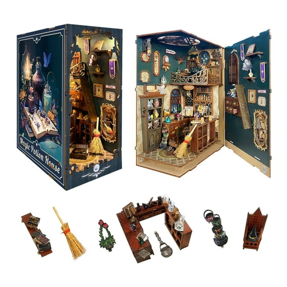 Strucwood DIY Book Nook Kit with Dust Cover Magic Apothecary Bookshelf Decor 3D Puzzle Book Nooks for Adults Gifts (SQ-04)
