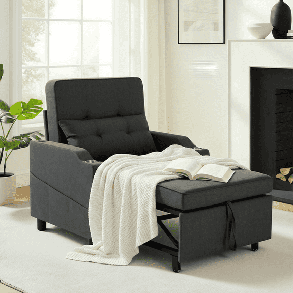 Sleeper Chair,Single Armchair Sofa with Pillow,Adjustable Backrest Modern Pull Out Couch Bed with USB Port Cup Holder Side Pocket,Dark Grey