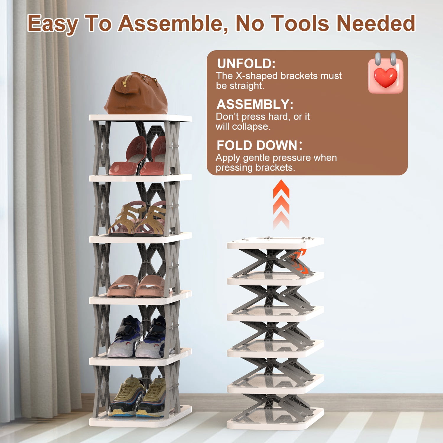 6 Tier Folding Shoe Rack Upright Shoe Cabinet Narrow Shoe Rack for Tight Spaces, Space Saving, Free Standing, For Corner Entryway Hallway Bedroom