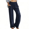 thumbnail image 2 of XUNKUSGA Pants for Women Solid Color Cotton Linen High Waisted Womens Pants Casual Elastic Waist Wide Leg Flowy Culottes for Women with Pockets,Blue,S, 2 of 9