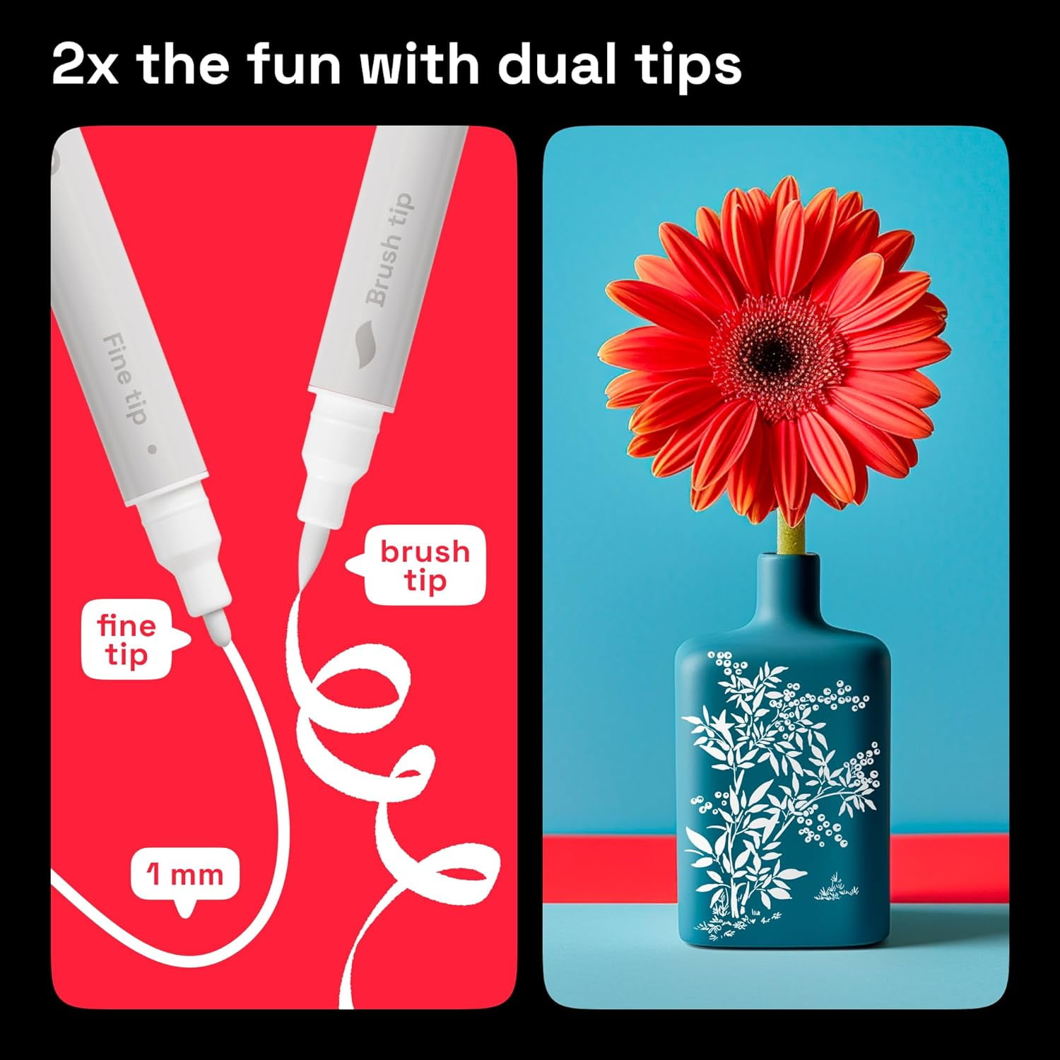 2 White Dual-Tip Acrylic Paint Pens - Multisurface Markers for Glass, Rock, Fabric, Wood, Plastic & More - 1 mm Fine & Brush Tips