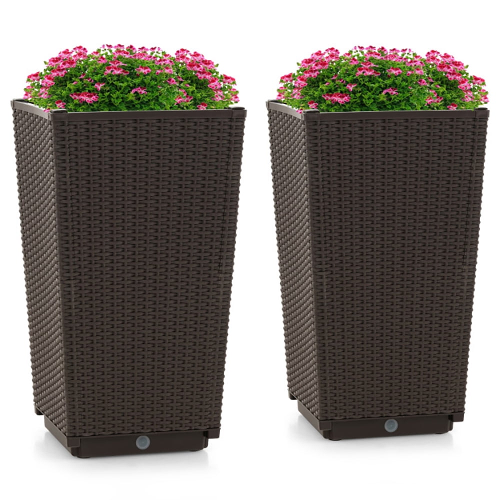 Topcobe Outdoor Wicker Flower Pot Set of 2 with Drainage Hole for Porch Balcony, Planters for Plants, Raised Garden Beds Indoor Outdoor, Brown