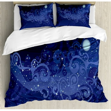 Magic Duvet Cover Set Queen Size, Abstract Mystical Magical Night with Stars and Moon and Milky Way, Decorative 3 Piece Bedding Set with 2 Pillow Shams, Indigo Violet Blue Night Blue, by Ambesonne