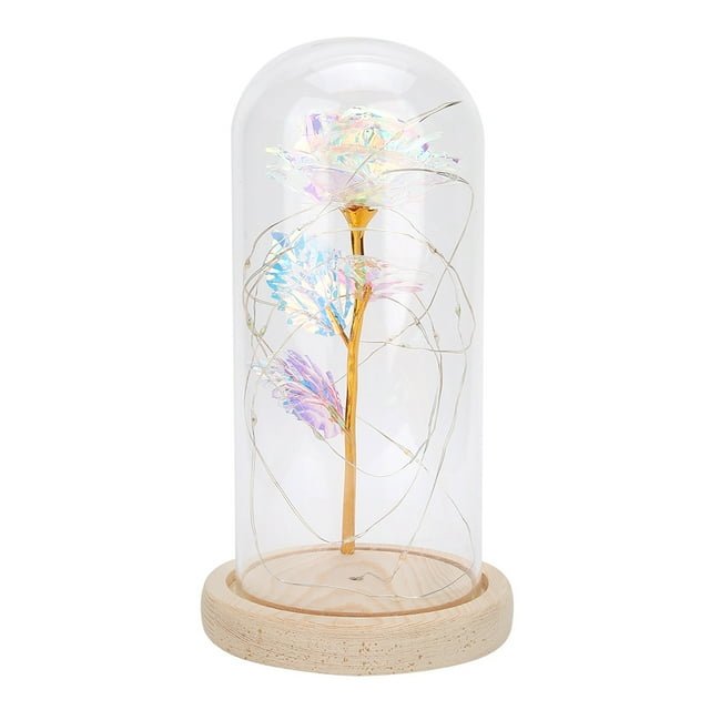 Base de madera, cubierta de vidrio, lámina dorada colorida, lámpara de flor rosa de plástico, decoración LED, luz nocturna para el hogar, colorida