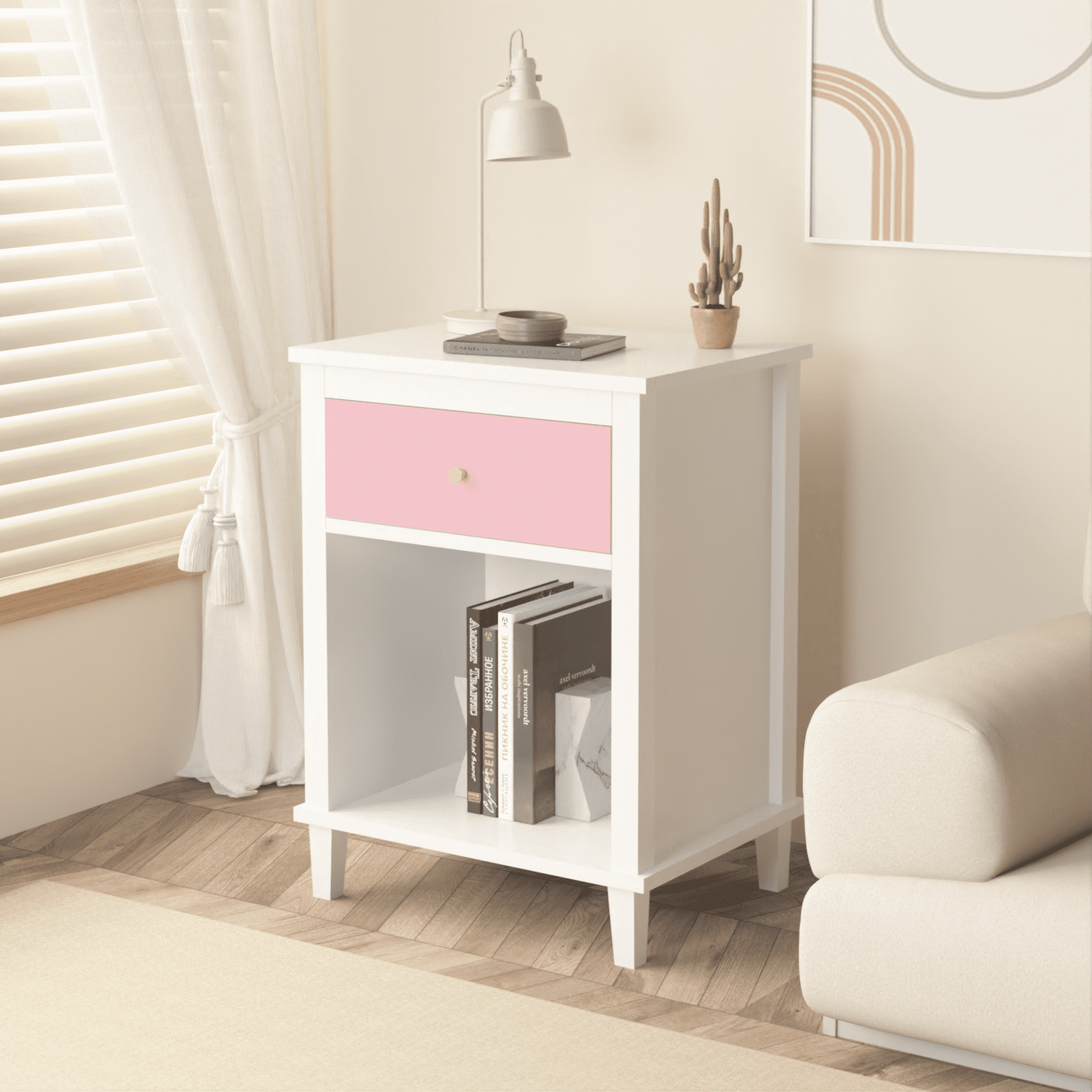 26.77''H Wooden Nightstand with One Drawer One Shelf for Kids, Adults, Pink+Golden handle