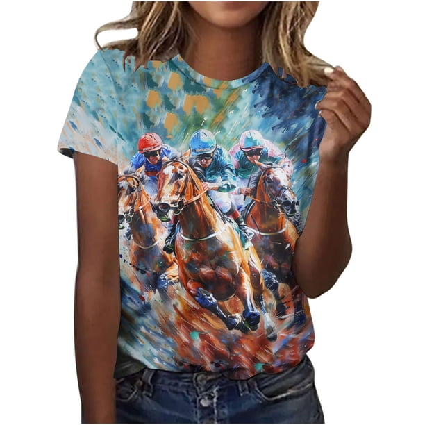 Tops de Cuello Redondo para las Mujeres, Nuevo Suéter de Manga Corta, Caballo Casual Impreso Top Camiseta
