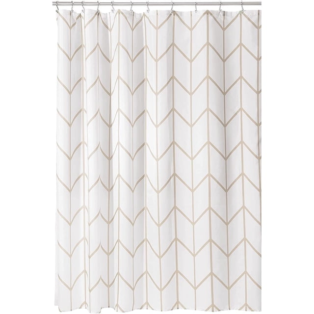 Polyester Fabric Modern Geometric Herringbone Print Shower Curtain with Reinforced Buttonholes for Master and Guest Bathroom - Machine Washable & Water Resistant - 72" x 72" - Beige/White