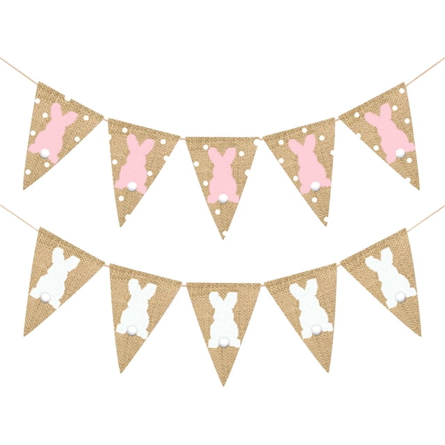 CIMAXIC easter 2PCS Easter Burlap Pennant Flags Banners Rabbit Wave Point Banners Garland for Easter Party Decorations (White + Pink),118.11"X6.69"X0.04"