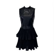 Women's Sleeveless Round Neck Mini Dresses Faux Leather Tiered Ruffle Chiffon Skirt Casual Party Clubwear Style Elegant Slim Fit Dresses