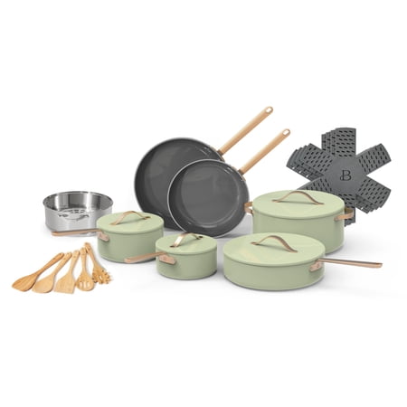 Beautiful 20pc Ceramic Non-Stick Cookware Set  Sage Green  by Drew Barrymore