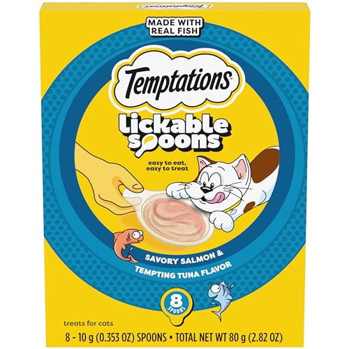 Temptations Lickable Spoons Adult Wet Cat Treat, Savory Salmon and Tempting Tuna Flavor, 10 Grams, Pack of 12 (96 Total Treats)
