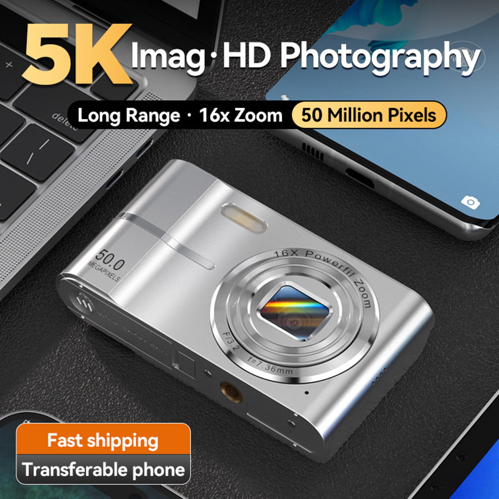 MERILER 4K High-definition Digital Camera with Night Vision - 50 Million Photos 16x Digital Zoom Home Camera - No Shaking Proof Digital Camera with 32G Card and Type-C USB Port