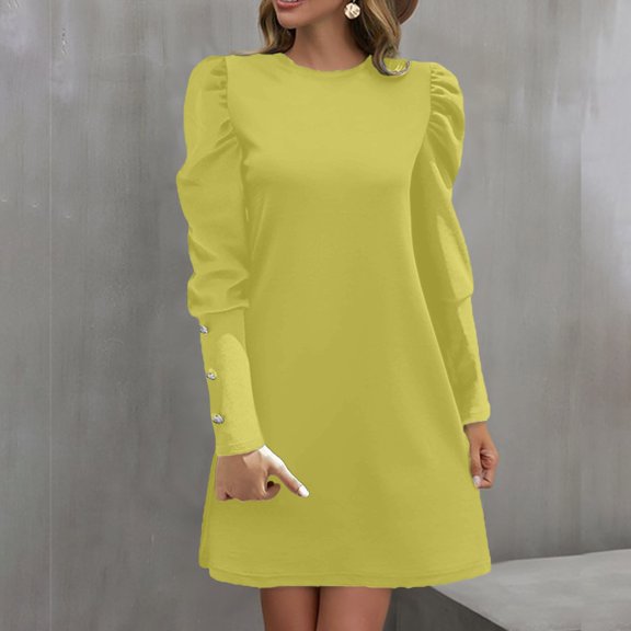 Women Fashion Solid Crew Neck Puffy Sleeve Button Long Sleeve Dress Midi Dress Long Sleeve Tunic Dress for Women Ladies Maxi Dress Loose Maxi Dress with Pockets Wrap Summer Dress for Women Womens Long