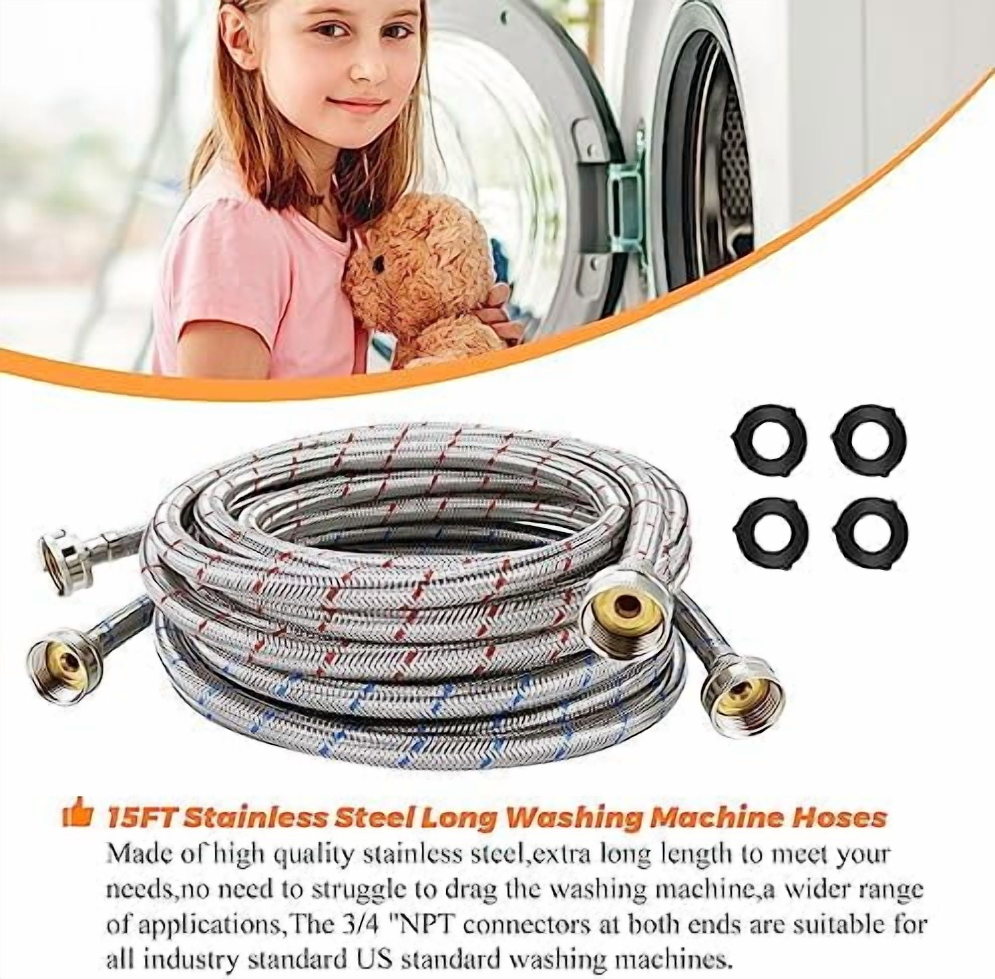 15ft LONG Washing Machine Hoses UPGRADE by- Braided Stainless Steel Washer Hoses - Hot and Cold Water Lines 3/4'' Standard Interface -Burst Proof Leak Free Hose (2 Pack) - 10 YEARS GUARANTEE$$